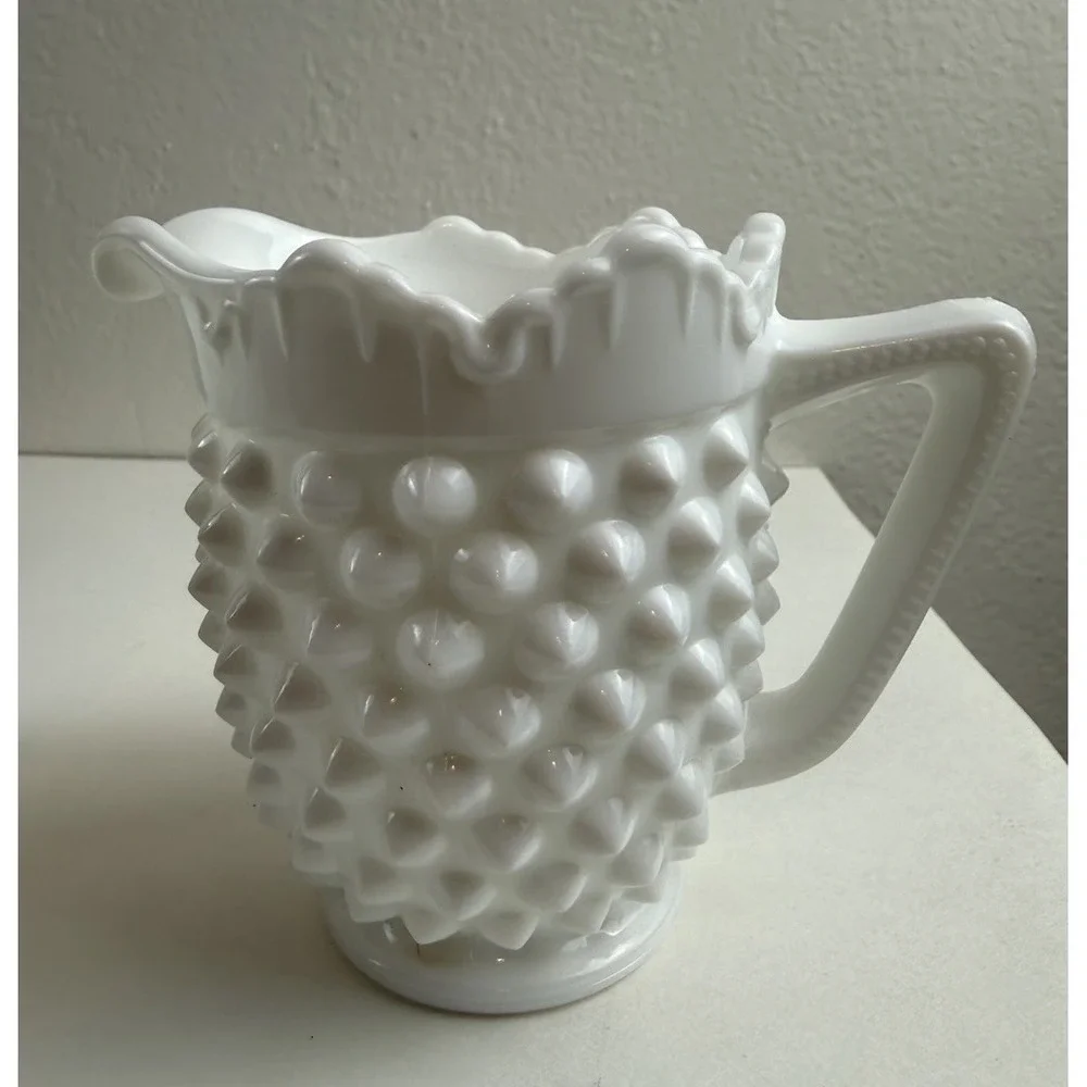 Vintage Fenton English Hobnail Milk Glass Creamer & Sugar Set White Ruffled Edge